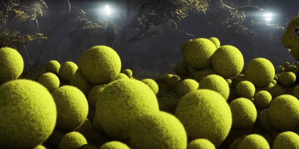 Image similar to a cinematic poster photo of 8 k ultra realistic tennis ball monsters, exotic, cinematic lighting, trending on artstation, 4 k, hyperrealistic, focused, high details, unreal engine 5, cinematic, alien planet atmosphere in background, 3 d render