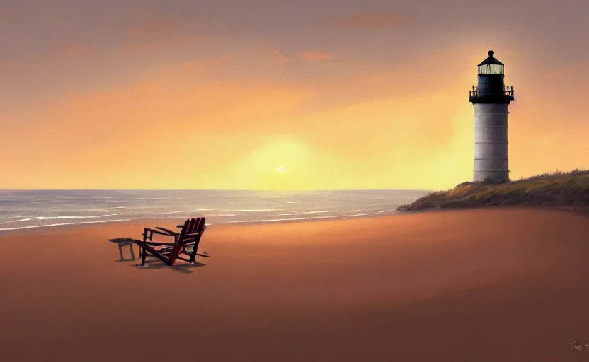 Prompt: painting of a beach chair at sunset with a lighthouse in background, natural light, concept art, by greg rutkowski, cozy atmospheric and cinematic lighting