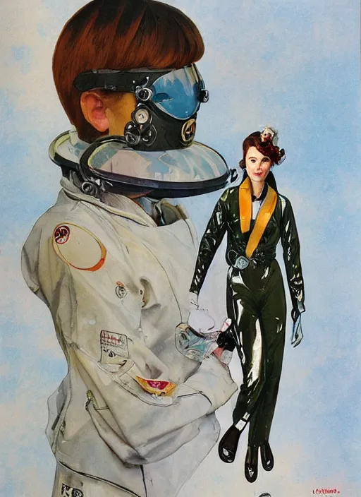 Image similar to a copic maker art nouveau portrait nobara kugisaki futuristic latex pilot suit and a puffy kimono by john berkey norman rockwell