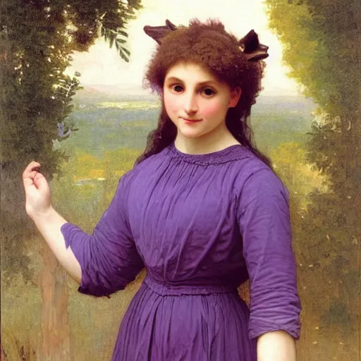 Image similar to An anthropomorphic fox maiden in a purple dress, cottagecore, by bouguereau