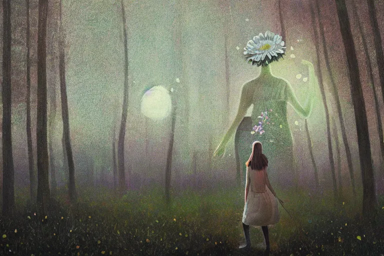 Prompt: giant daisy flower over head, girl walking in forest, surreal photography, dark night, stars, moon light, impressionist painting, clouds, digital painting, artstation, simon stalenhag