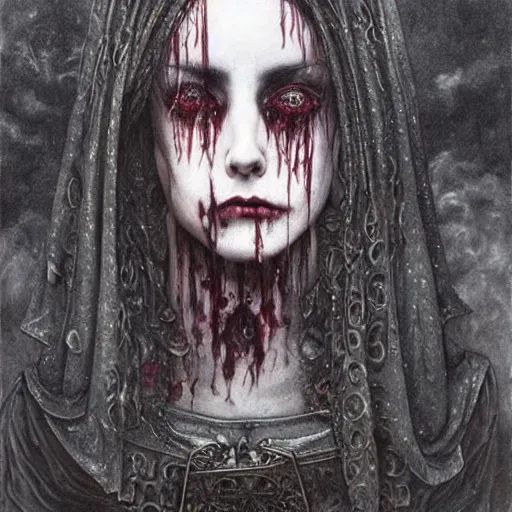 Image similar to a hyperrealistic painting of a beautiful gothic princess crying tears of blood, by Santiago Caruso, vivid color, highly detailed,