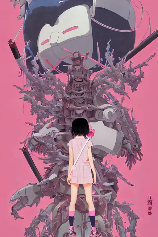 Image similar to Artwork by James Jean, Phil noto and hiyao Miyazaki; a young Japanese future samurai police girl named Yoshimi battles an enormous looming evil natured carnivorous pink robot on the streets of Tokyo; Japanese shops and neon signage; crowds of people running; Art work by studio ghibli, Phil noto and James Jean