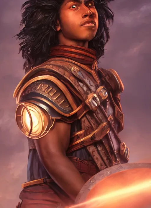 Image similar to An epic fantasy comic book style portrait painting of a young dark skinned long haired boy peasant with intelligent eyes in the style of the wheel of time, unreal 5, DAZ, hyperrealistic, octane render, cosplay, RPG portrait, dynamic lighting