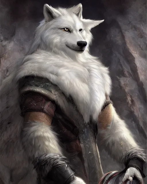 Image similar to a anthropomorphic wolf king with white fur. Renowned character illustration by by Edgar Maxence and Ross Tran