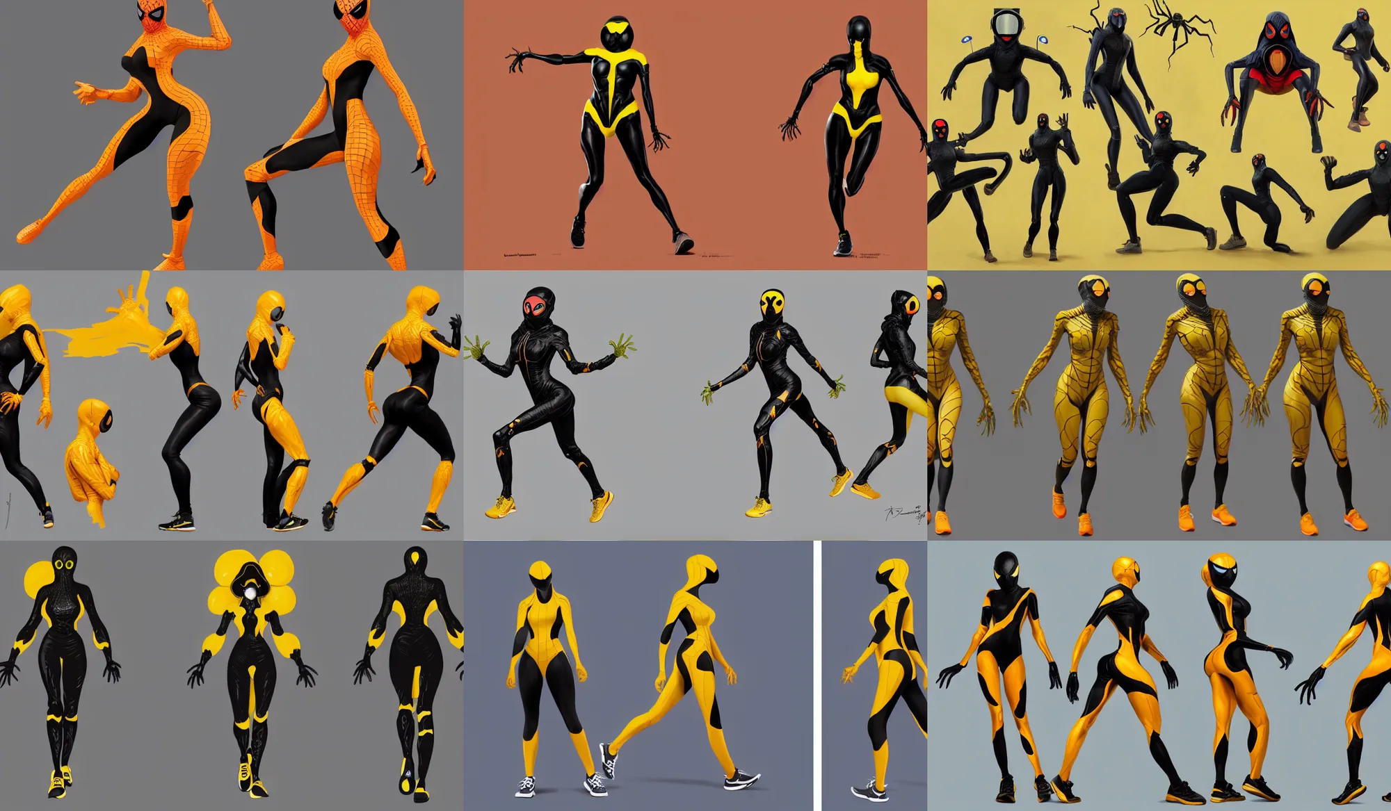 Prompt: full body character turnaround of a woman in an orb weaver spider costume with a full face mask, running shoes, character sheet, matte painting, spiderwoman!!, john singer sargent, good value control, highly detailed portrait, digital painting, concept art, realistic proportions, realistically proportioned body, illustration, yellow and black color scheme, 8 k, octane render