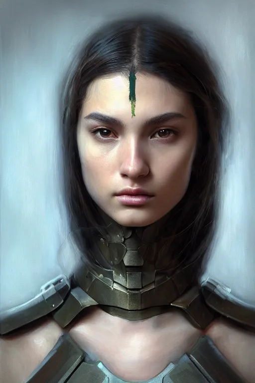 Image similar to a photorealistic painting of an attractive young girl, partially clothed in stealth-like battle armor, olive skin, long dark hair, beautiful bone structure, symmetrical face, perfect eyes, intricate, elegant, digital painting, concept art, illustration, sharp focus, minimal artifacts, from Metal Gear, in the style of Ruan Jia and Mandy Jurgens and Greg Rutkowski, trending on Artstation, award winning