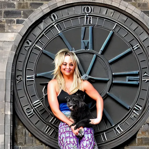 Image similar to A detailed photo of Kaley Cuoco under the Eastgate clock in Chester. Behind her we see a black panther