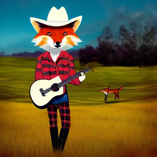 Image similar to a female fluffy anthropomorphic fox animal, head of fox, wearing cowboy hat, wearing plaid shirt, playing guitar, in a field, barn in background, album cover style