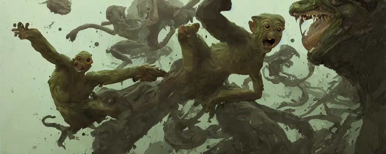 Image similar to duotone olive green grey illustration 3 / 4 portrait of gollum kun fu fighting with giant amphibians dynamic chaotic composition accidental renaissance golden ratio. by sachin teng and sergey kolesov and ruan jia and heng z. graffiti art, scifi, fantasy, hyper detailed. octane render. concept art. trending on artstation