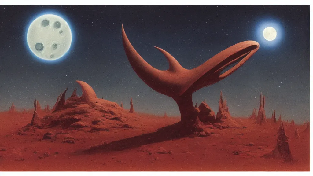 Image similar to mysterious whimsical sculpture of an alien crescent moon by paul lehr and john schoenherr, cinematic matte painting