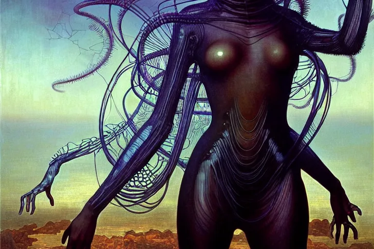 Image similar to realistic detailed portrait movie shot of a beautiful black woman in a transparent sheer suit raincoat dancing with a giant spider, futuristic sci fi landscape background by denis villeneuve, jean delville, monia merlo, ernst haeckel, alphonse mucha, max ernst, caravaggio, roger dean, sci fi necklace, masterpiece, dreamy, rich moody colours