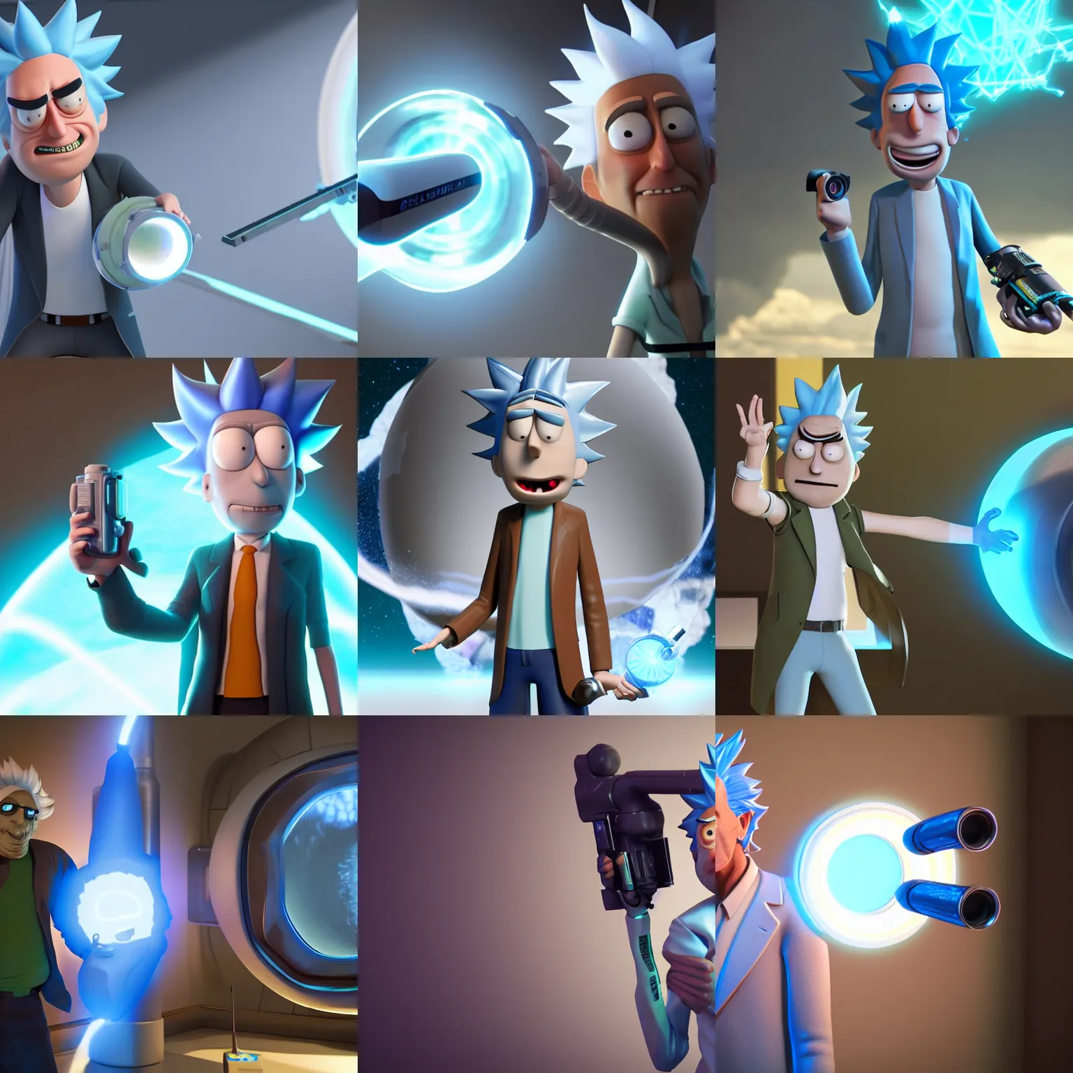 Prompt: rick sanchez from rick & morty posing with his portal gun, octane render photorealism, detail, 4 k pores, realistic