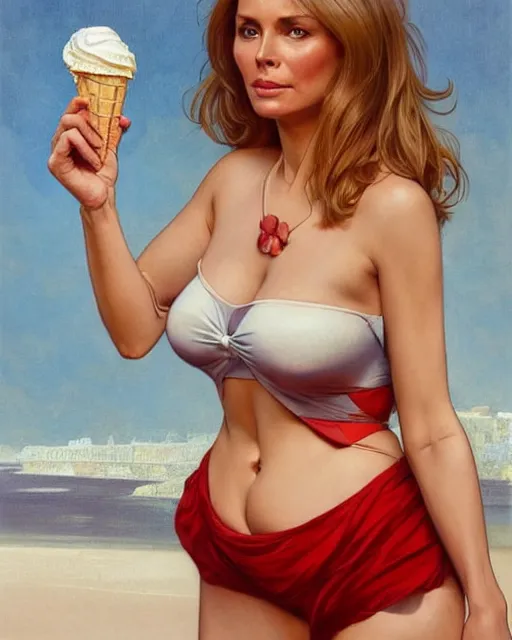 Image similar to portrait of a blonde fuller figured barbara bach from the bond film wearing a red strappy top and blue shorts and eating ice creams in porto, real life skin, intricate, elegant, highly detailed, artstation, concept art, smooth, sharp focus, art by artgerm and greg rutkowski and alphonse mucha