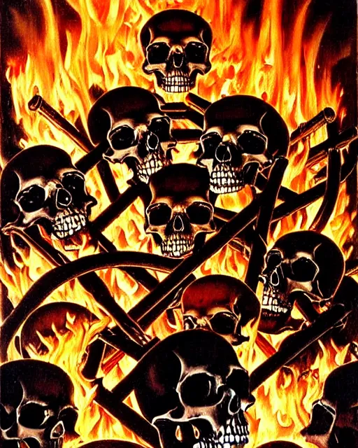 Image similar to oil geometric painting of skull skeletons burning in hell reaching for help by norman rockwell
