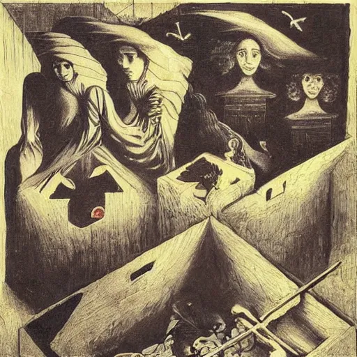 Image similar to box of ghosts, by M.C. Escher, by Joseph Cornell, by Francisco Goya, fairy-tale illustration style, very detailed, colorful, beautiful, eerie, surreal, psychedelic