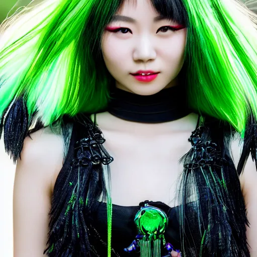 Prompt: close up portrait photo of a beautiful young Chinese female model wearing cybergothic clothing, black hair with bright green streaks of hair, smiling coyly, golden hour in Manhattan, Zeiss 150mm f/2.8 Hasselblad