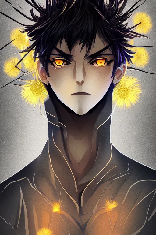 Image similar to amber glowing luminescent dandelion male anime character, symmetrical, highly detailed, digital art, sharp focus, trending on art station, amber eyes, autumnal colours