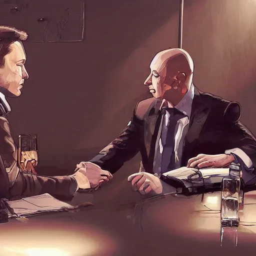 Image similar to illustration of a meeting between elon musk, mark zuckenberg, jeff bezos, very clear face, high quality, very detailled, by artgem, by david rutkowski, greg ruthowski, yoji shinkawa, ruan jia