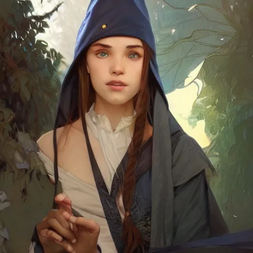 Prompt: a realistic wizard teenager wearing a wizard cap, sharp focus, illustration, art by artgerm and greg rutkowski and alphonse mucha