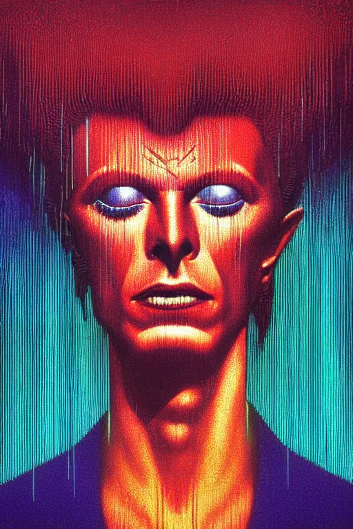 Image similar to 8 0 s art deco close up portait of david bowie, rain like a dream oil painting curvalinear clothing cinematic dramatic cyberpunk textural fluid lines otherworldly vaporwave interesting details fantasy lut epic composition by basquiat zdzisław beksinski james jean artgerm rutkowski moebius francis bacon gustav klimt