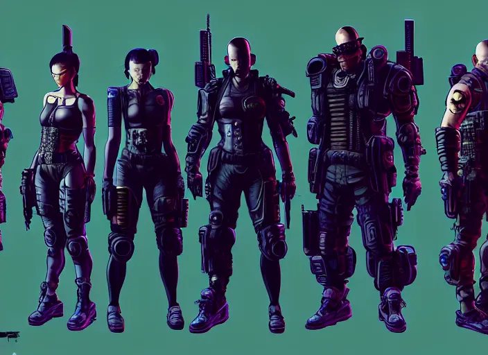 Image similar to cyberpunk blackops samurai squad. portrait by stonehouse and mœbius and will eisner and gil elvgren and pixar. character design. realistic proportions. cyberpunk 2 0 7 7 character art, blade runner 2 0 4 9 concept art. cel shading. attractive face. thick lines. the team. diverse characters. artstationhq.