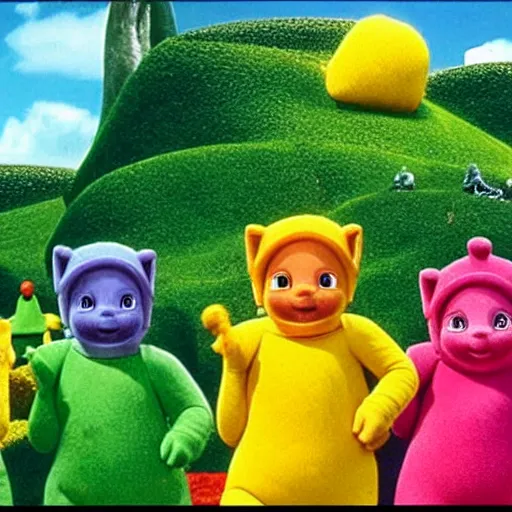 Prompt: A screenshot of the Teletubbies in Lord of the Rings