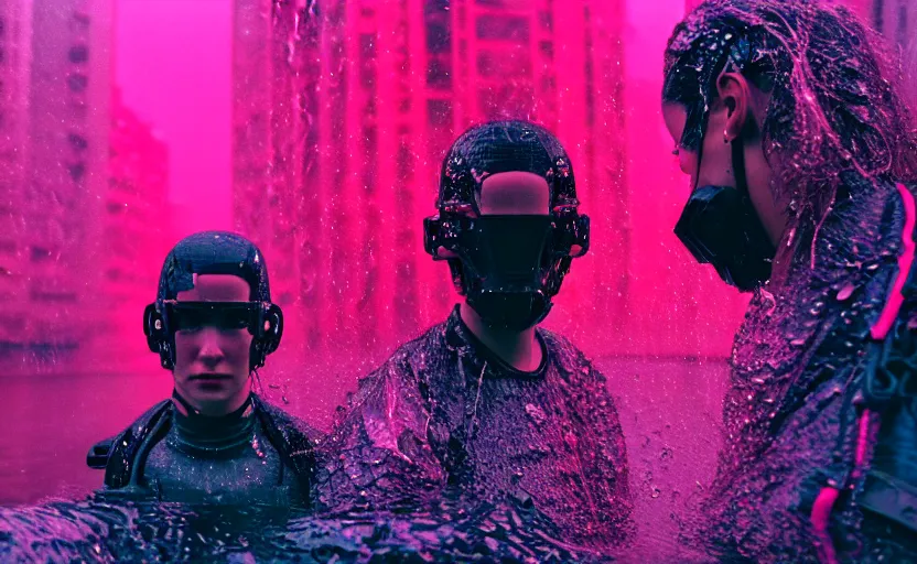 Image similar to cinestill 5 0 d candid photographic portrait by helen levitt of two cyborgs wearing rugged neon pink mesh techwear in treacherous waters, extreme closeup, modern cyberpunk moody depressing cinematic, pouring rain, 8 k, hd, high resolution, 3 5 mm, f / 3 2, ultra realistic faces, ex machina