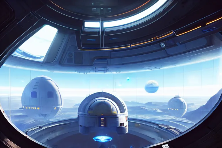 Image similar to interior of space base in orbit with a huge window, on the window you can see the planet below clearly, the planet is warm with canyons, sharp focus, concept art, very detailed, very realistic, trending on artstation, in the style of star citizen, star wars, overwatch, elite dangerous, beautiful, sci fi, unreal engine,