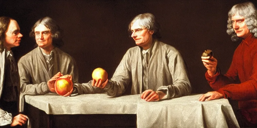 Prompt: sir isaac newton giving an apple to alan turing, hyper realistic, highly detailed, sharp focus, depth of field