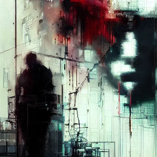 Image similar to a cyberpunk, wires, machines, in a dark future city by jeremy mann, francis bacon and agnes cecile, ink drips, paint smears, digital glitches glitchart c - 1 0