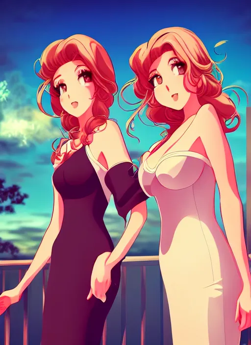 Image similar to two beautiful housewives outside on a hot summer evening, gorgeous faces, thick lines, cinematic lighting, detailed anime art