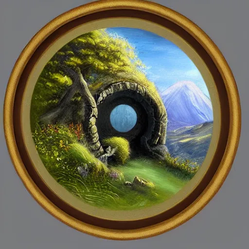 Image similar to landscape painting of bag end hobbit hole, round door, tolkein, lord of the rings, painting by bob ross