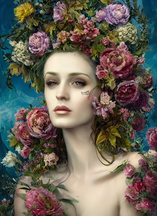 Image similar to portrait of the queen of the underworld, surrounded by flowers by karol bak, james jean, tom bagshaw, rococo, beautifuleyes!!, trending on artstation, cinematic lighting, hyper realism, octane render, 8 k, hyper detailed.