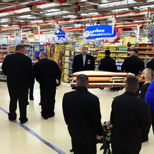 Image similar to A funeral inside a Walmart, dramatic photo