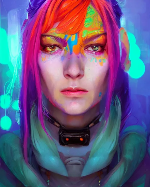 Image similar to colorful character portrait of a female hippie, set in the future 2 1 5 0 | highly detailed face | very intricate | symmetrical | cinematic lighting | award - winning | painted by mandy jurgens | pan futurism, dystopian, bold colors, cyberpunk, groovy vibe, anime aesthestic | featured on artstation