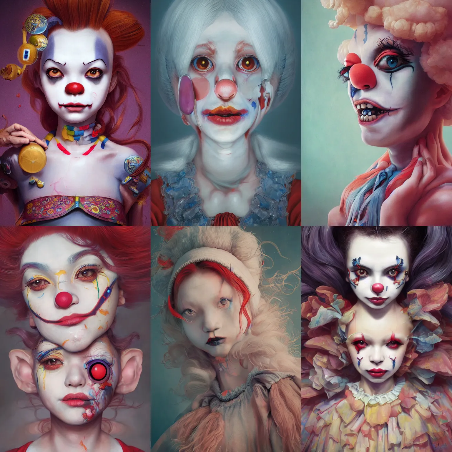 Image similar to breathtaking detailed painting of clown girl , with anxious, piercing eyes, Atari game cover art by Hsiao-Ron Cheng, James jean, Miho Hirano, Hayao Miyazaki, extremely moody lighting, hyperrealistic, octane render, RPG portrait, ambient light, dynamic lighting