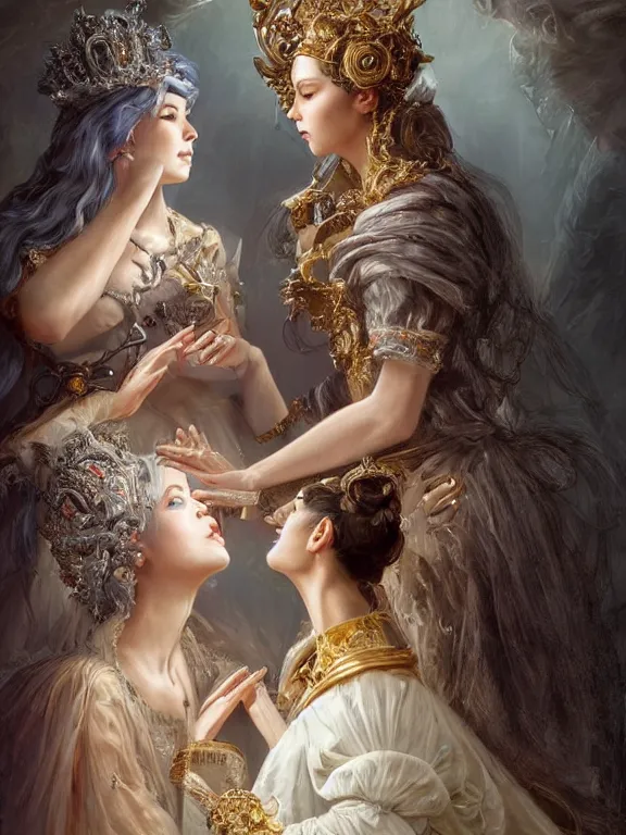 Image similar to a complex concept art ultra detailed of two baroque catholic veiled perfect female face android queens kneel and pray with lots of electric cable behind them connected to giant computer,bowknot, fine lace, GUCCI, sparkling, jewel embellishment, film lighting, by Andrei Riabovitchev,Stanely Artgerm, Tom Bagshaw, Andrei Riabovitchev, aaron horkey, trending on pinterest, full of color, mythological, high detailed,golden ratio,cinematic lighting