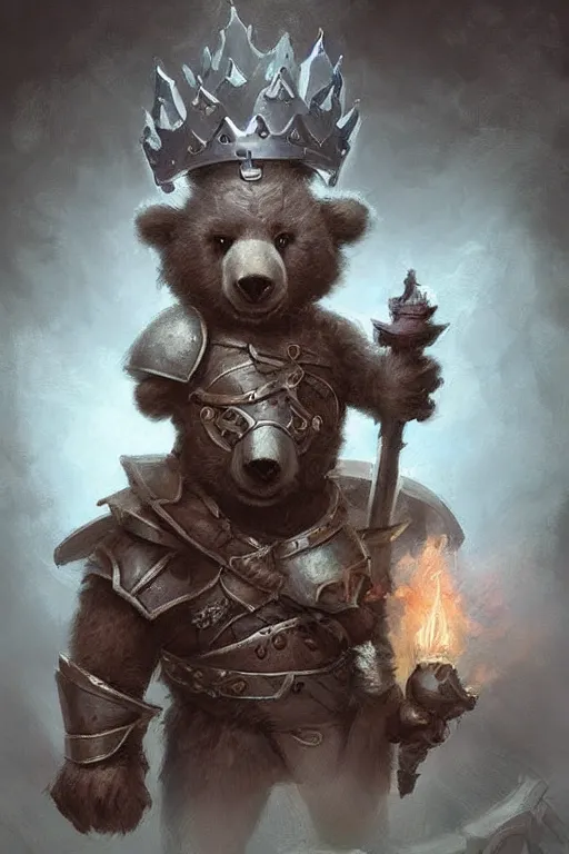 Image similar to cute little anthropomorphic bear knight wearing a cape and a crown, tiny, small, miniature bear, baby animal, short, pale blue armor, cute and adorable, pretty, beautiful, DnD character art portrait, matte fantasy painting, DeviantArt Artstation, by Jason Felix by Steve Argyle by Tyler Jacobson by Peter Mohrbacher, cinematic lighting