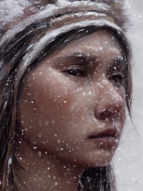 Prompt: an ultradetailed beautiful portrait painting of an female tribe native standing in an arctic snow storm, side view, oil painting, high resolution, by ilya kuvshinov, greg rutkowski and makoto shinkai