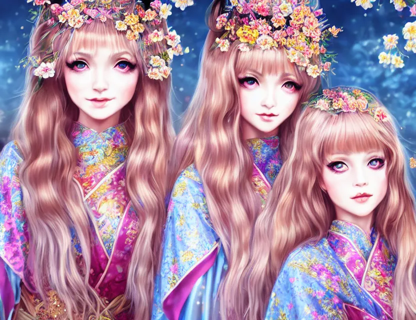 Image similar to two beautiful fashion siberian girls wear fantasy kimono in festival | | big eyes, sunny, dreamlike art, realistic shaded, smile, good looking, hyper details, 4 k realistic, cryengine, realistic shaded lighting poster by artgerm, ross tran, fuji choko, loish, 8 k resolution, trending on artstation, luxury