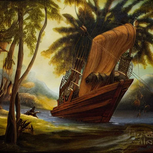 Prompt: a painting of a pirate ship in a forest