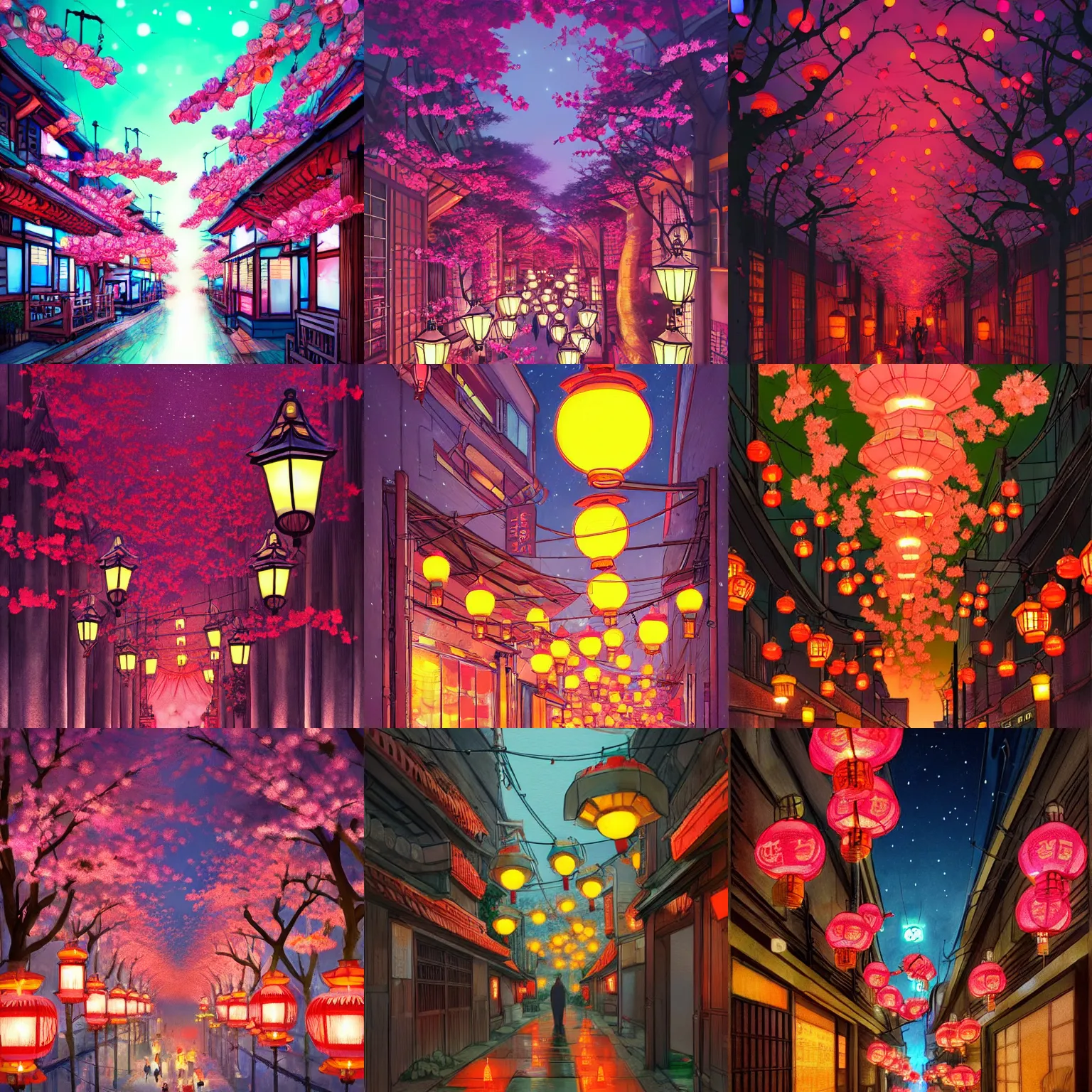 Prompt: japanese sakura alley lanterns glow at night, vivid color, highly detailed, digital painting, artstation, concept art, matte, sharp focus, impressionnisme, art by james jean