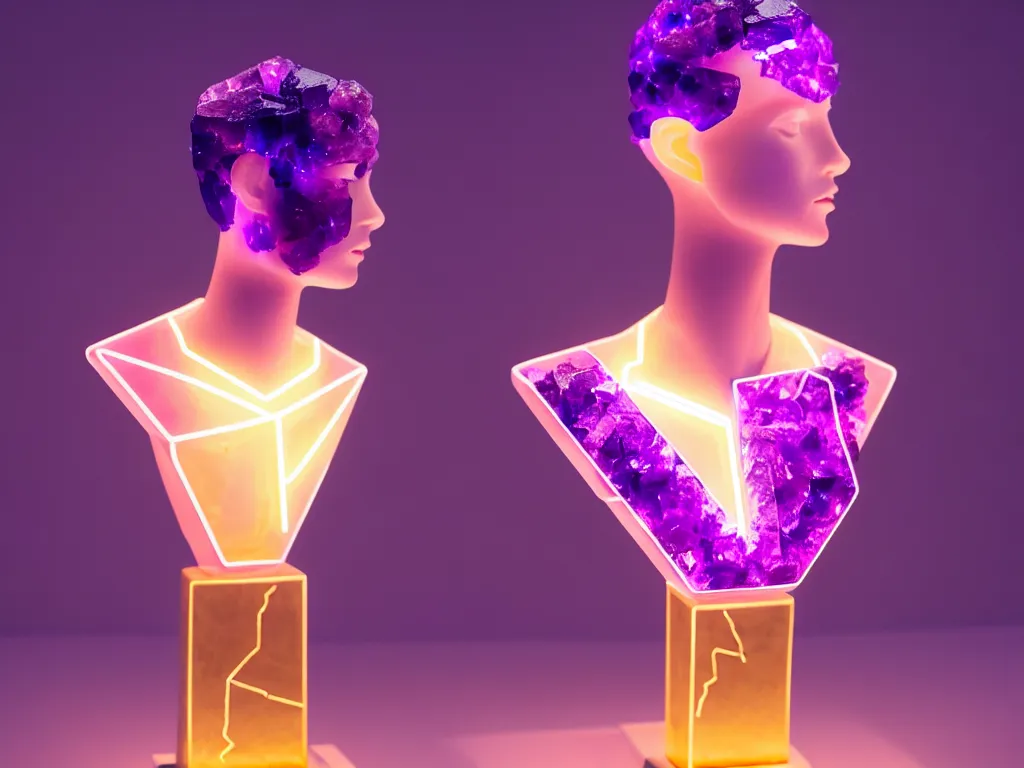 Image similar to beautiful mannequin sculpted out of amethyst by billelis + lit with geometric neon + kintsugi, facing a doorway opening with neon pink geometric light + gold geometric cubed bonsai trees, clean linework, dramatic, finely detailed, rule of thirds, moody, award winning, 4 k, trending on artstation, photorealistic, volumetric lighting, octane render