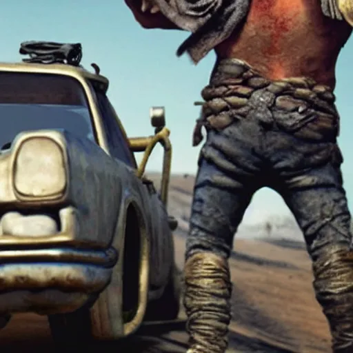 Prompt: a garden gnome hanging off the back of a car in mad max,