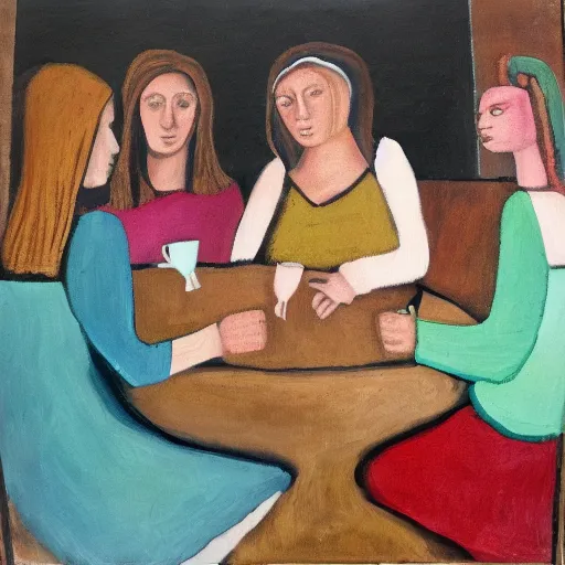 Prompt: four girls sitting and discussing life at a table, oil on canvas