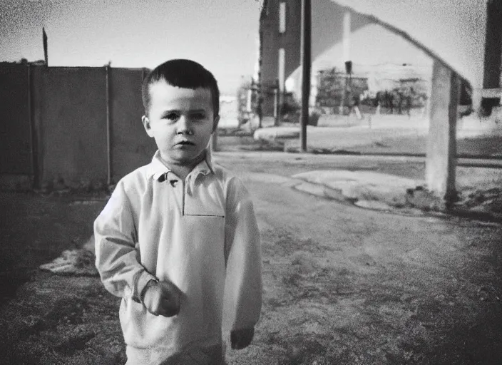 Prompt: professional fine detailed photo portrait of young yuri gagarin from makhachkala, dagestan. kid yuri gagarin in the postsoviet suburbia, iphone photo, instagram, black and white