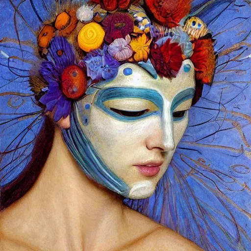 Image similar to masterpiece painting of a facemask made of stylized flowers, by annie swynnerton and jean delville and tino rodriguez and john watkiss, flower mask, art deco shaman, art brut, symbolist, dramatic lighting, god rays, elaborate geometric ornament, clean crisp graphics, soft cool colors, smooth, sharp focus, extremely detailed