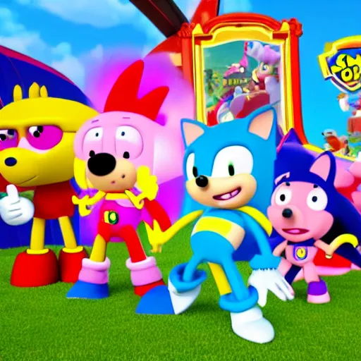 Image similar to sonic, peppa pig and the paw patrol crossover episode, cartoon network stillframe, hd,