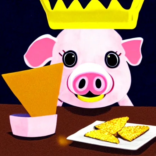Image similar to realistic photo of a cute puppet pig wearing a gold crown eating cheese wedges at a table with a bib on, high quality, cinematic concept art
